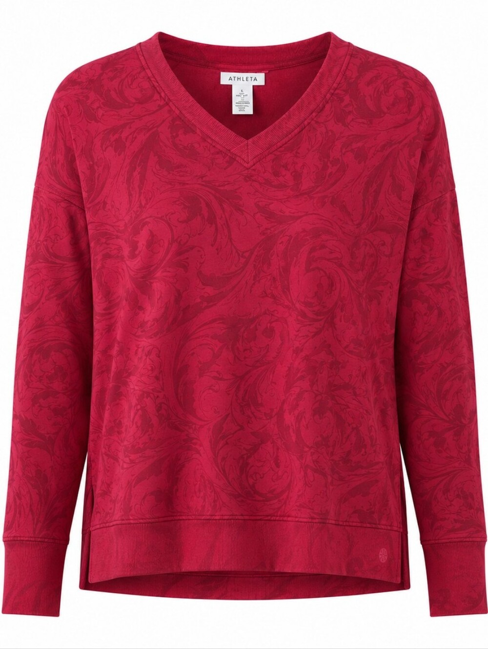 ATHLETA | Coaster Luxe V-Neck Sweatshirt Agate Red Long Sleeve Floral Swirl | L